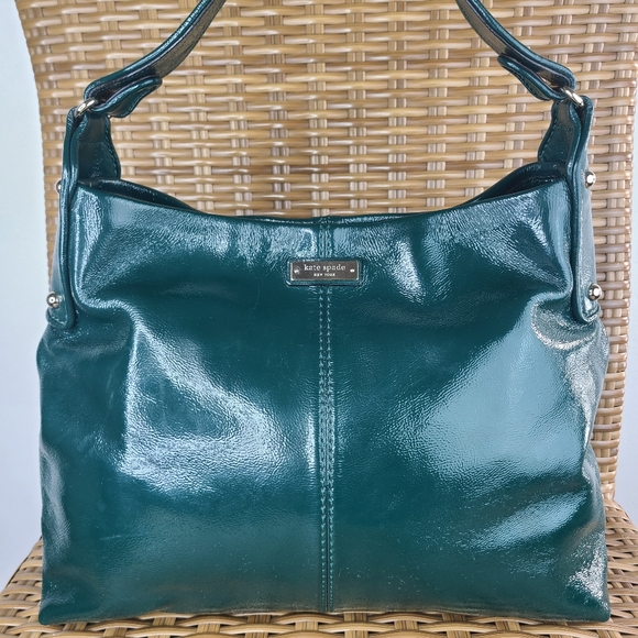 Kate Spade Glossy Green Patent Leather Hobo Shoulder Bag Silver Stud Accents - Picture 2 of 16